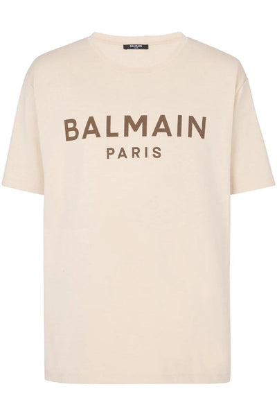 Balmain Brown Logo Print T-shirt in Ivoorbruin