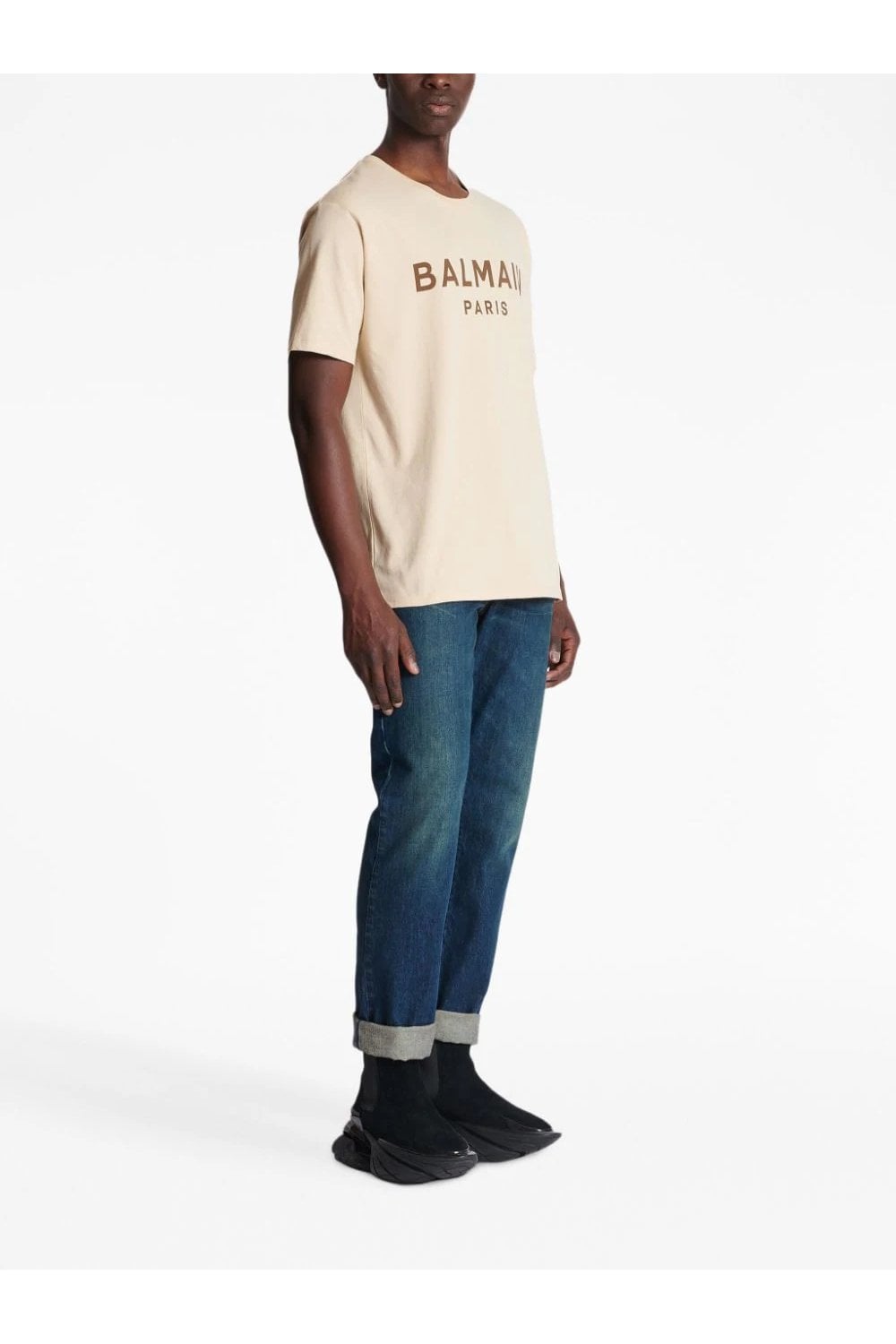 Balmain Brown Logo Print T-shirt in Ivoorbruin
