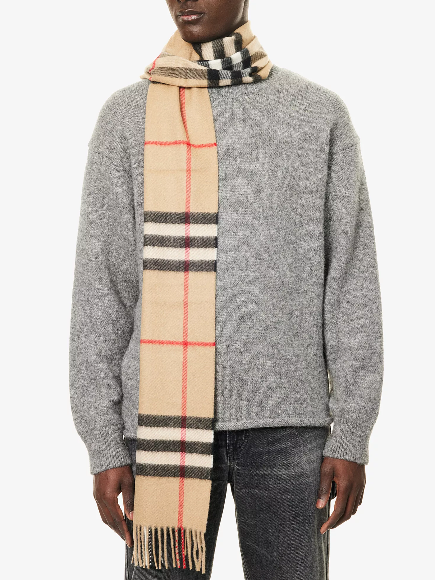 Burberry Giant Checked Fringed Cashmere Sjaal in Beige