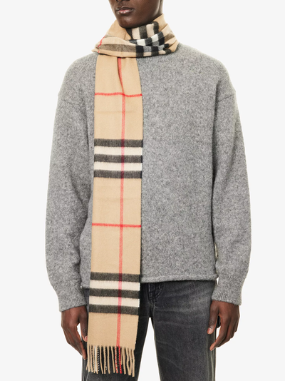 Burberry Giant Checked Fringed Cashmere Sjaal in Beige