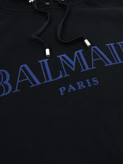 Balmain Paris Flocked Blue Printed Hoodie in Zwart