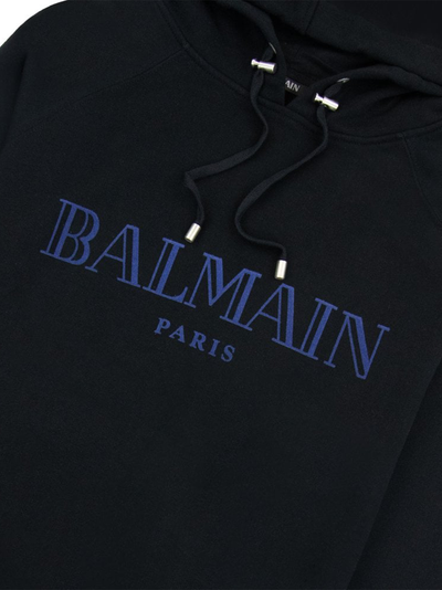 Balmain Paris Flocked Blue Printed Hoodie in Zwart
