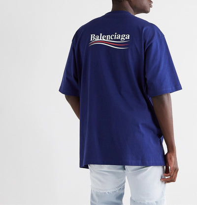 Balenciaga Oversized Logo-Print Katoenen-Jersey T-shirt Blauw