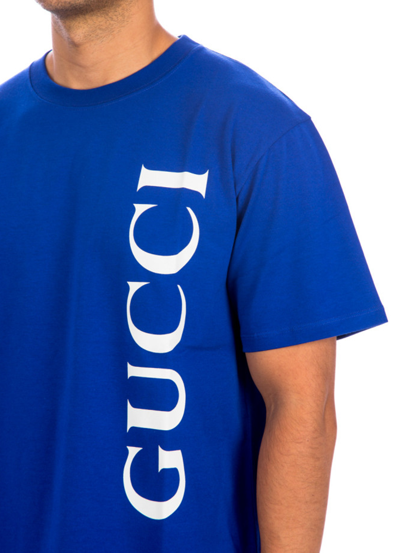 Gucci verticaal logo bedrukt T-shirt in blauw