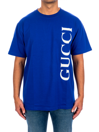 Gucci verticaal logo bedrukt T-shirt in blauw